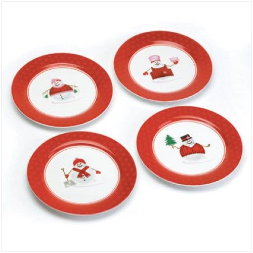 Snowman Plaid Plates Christmas Set 4 Winter NeW  