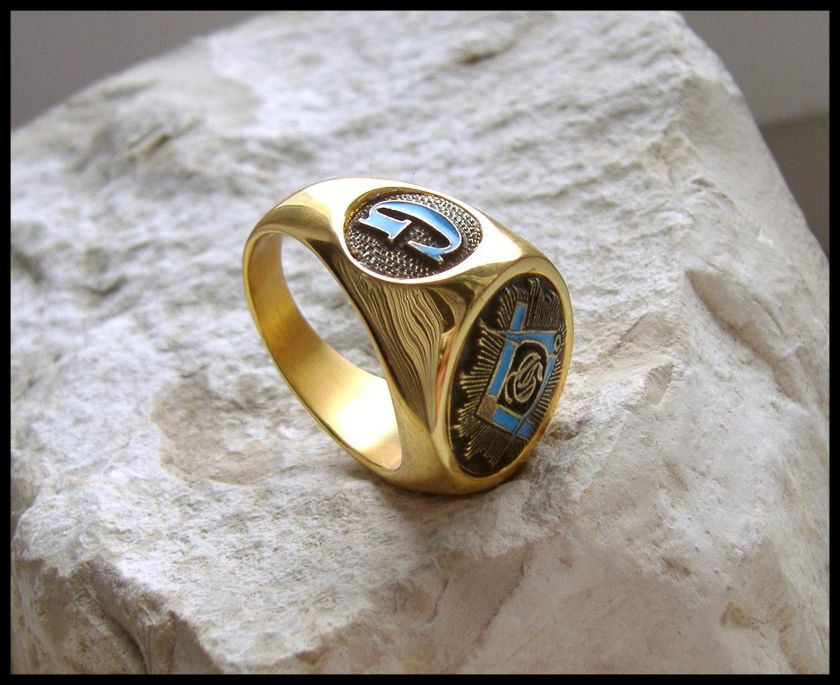   © MASONIC BLUE G LODGE RING VINTAGE SYMBOL STEEL 24K GOLD PL   M11G