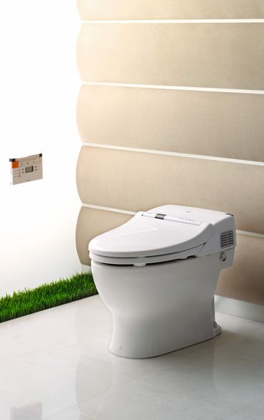 Sleek, tankless, low profile elongated one piece toilet with 